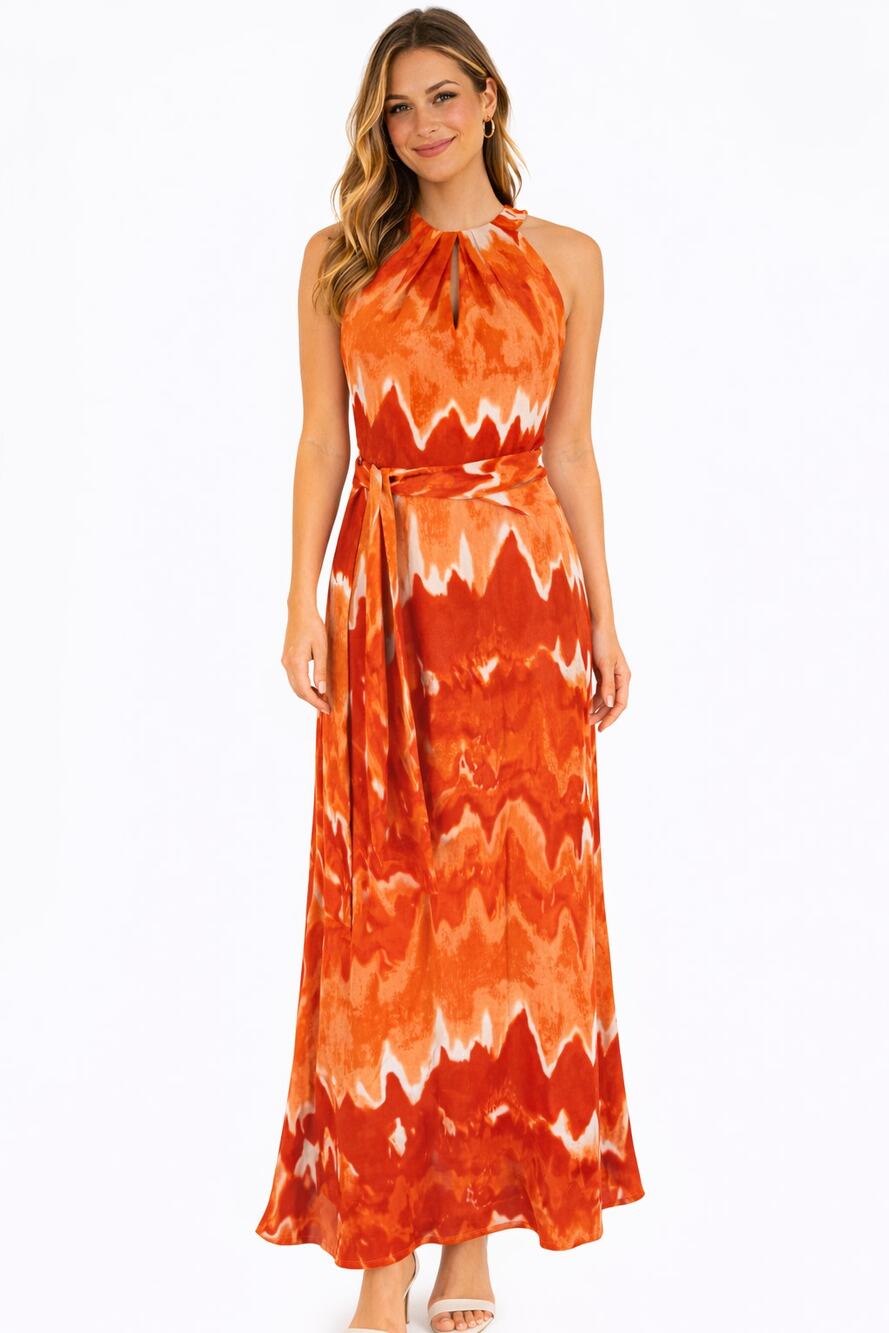 White House Black Market Womens Orange Tie Dye Halter Maxi Dress Silk Size 4
